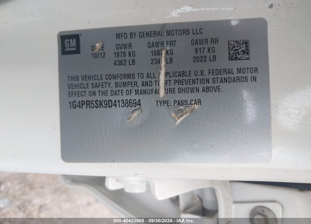 2013 BUICK VERANO CONVENIENCE GROUP VIN: 1G4PR5SK9D4138694