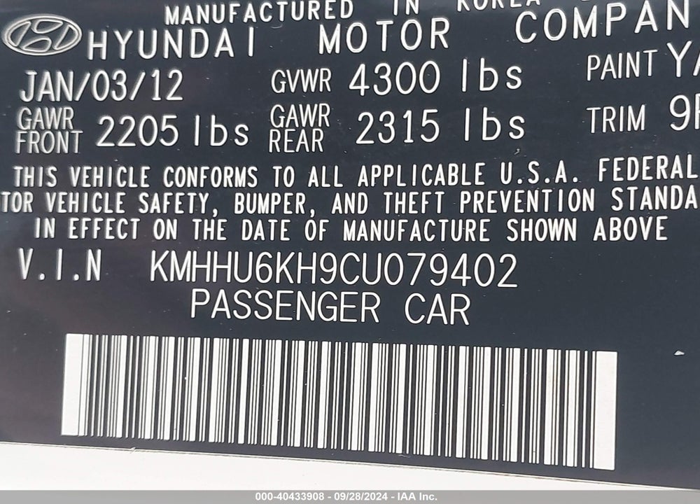 2012 HYUNDAI GENESIS 3.8 TRACK VIN: KMHHU6KH9CU079402