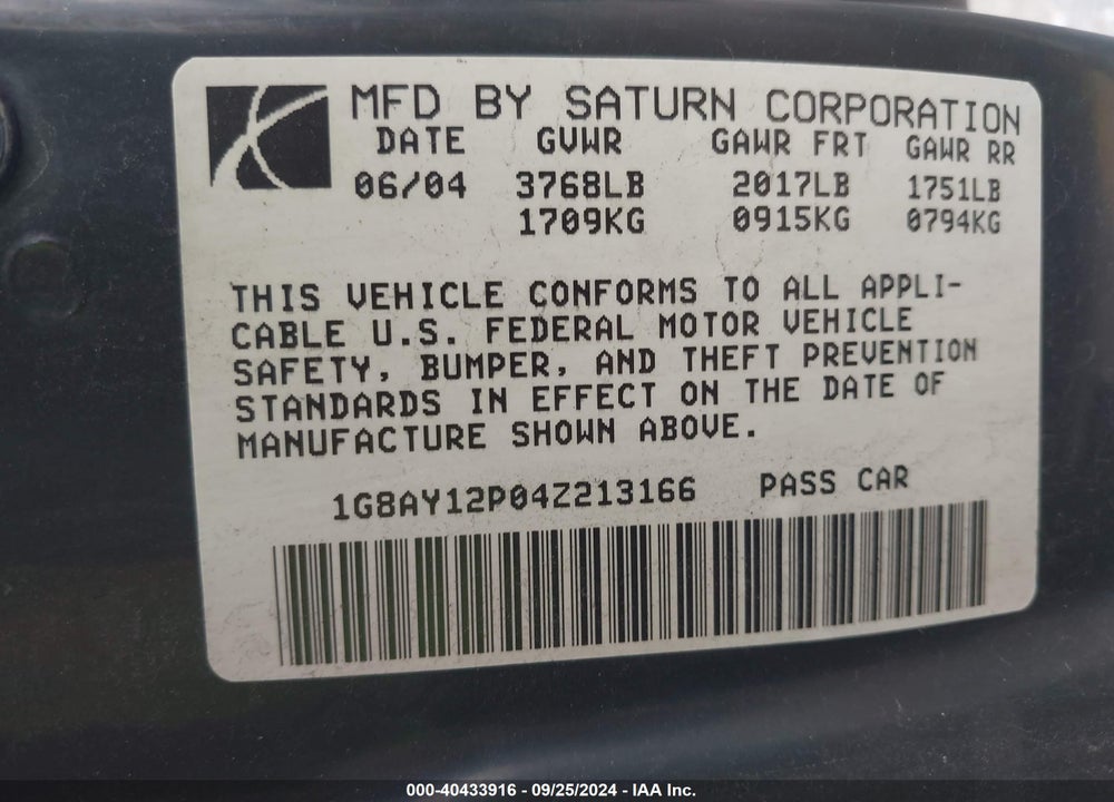2004 SATURN ION RED LINE VIN: 1G8AY12P04Z213166
