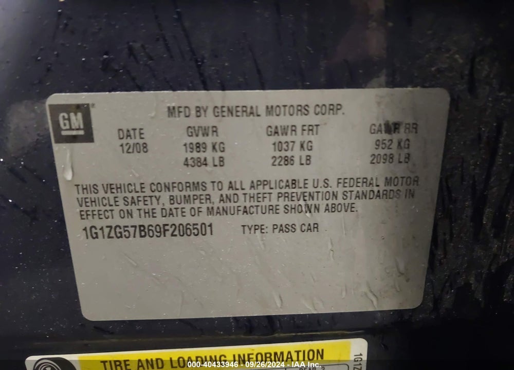 2009 CHEVROLET MALIBU LS VIN: 1G1ZG57B69F206501