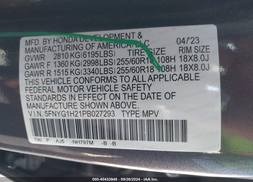 2023 HONDA PILOT AWD LX VIN: 5FNYG1H21PB027293