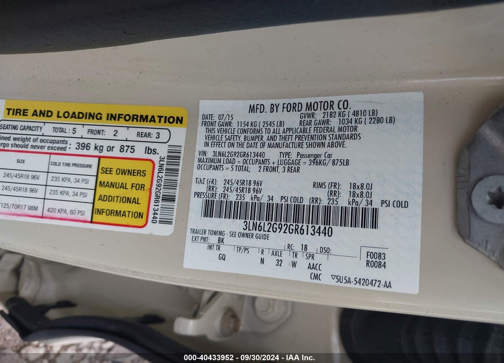 2016 LINCOLN MKZ VIN: 3LN6L2G92GR613440