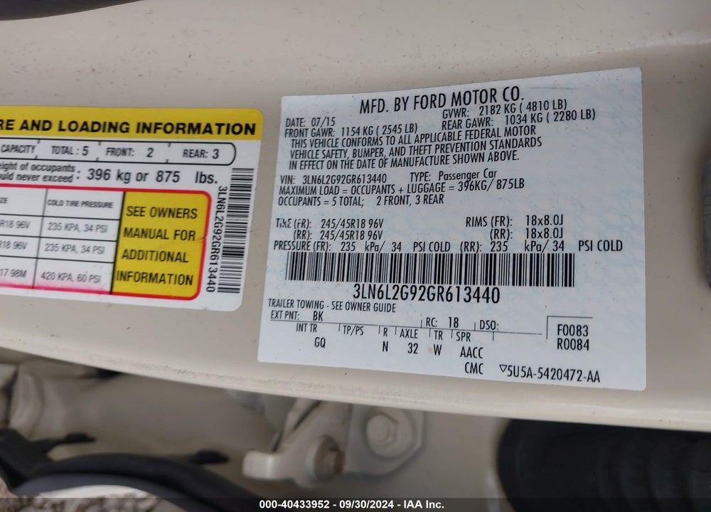 2016 LINCOLN MKZ VIN: 3LN6L2G92GR613440