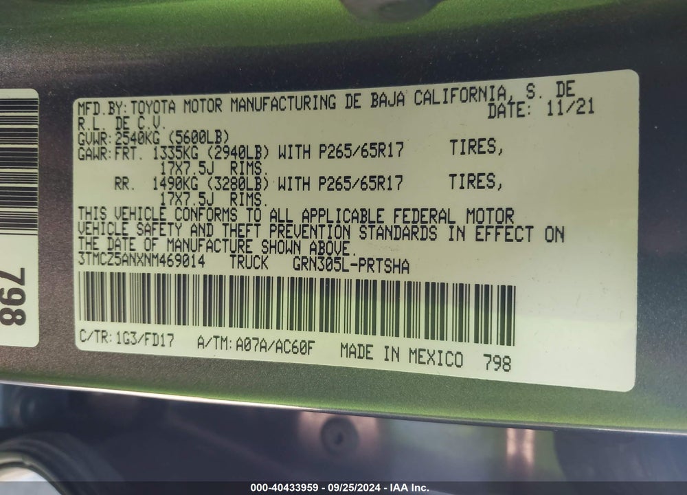 2022 TOYOTA TACOMA TRD SPORT VIN: 3TMCZ5ANXNM469014