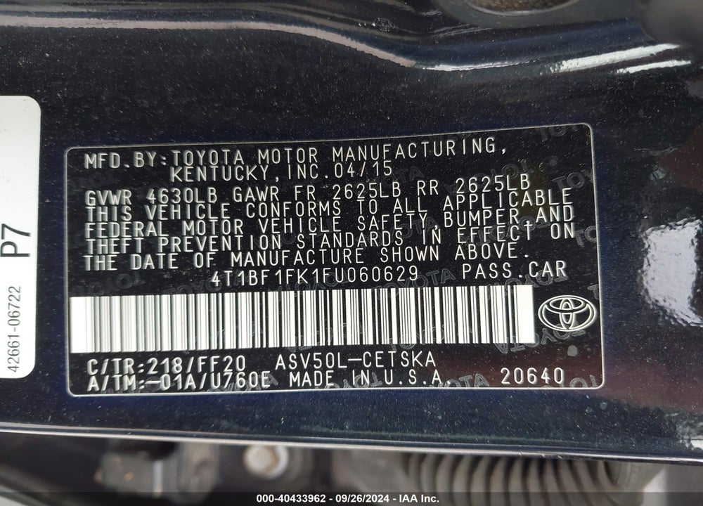 2015 TOYOTA CAMRY SE VIN: 4T1BF1FK1FU060629