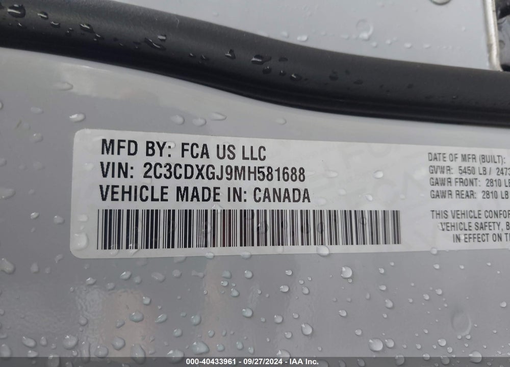 2021 DODGE CHARGER SCAT PACK RWD VIN: 2C3CDXGJ9MH581688