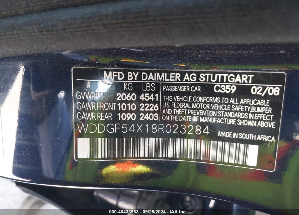 2008 MERCEDES-BENZ C 300 VIN: WDDGF54X18R023284