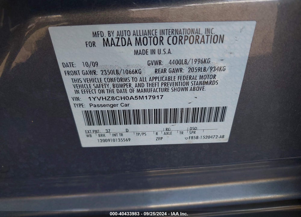 2010 MAZDA 6 I TOURING VIN: 1YVHZ8CH0A5M17917