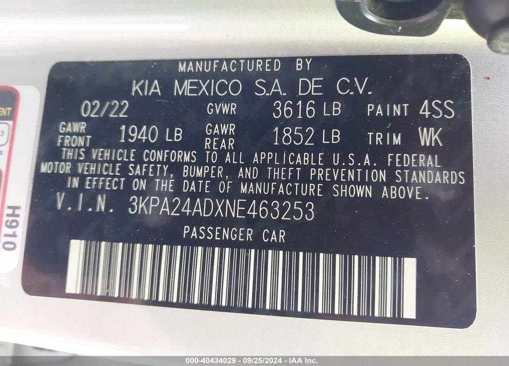 2022 KIA RIO S VIN: 3KPA24ADXNE463253