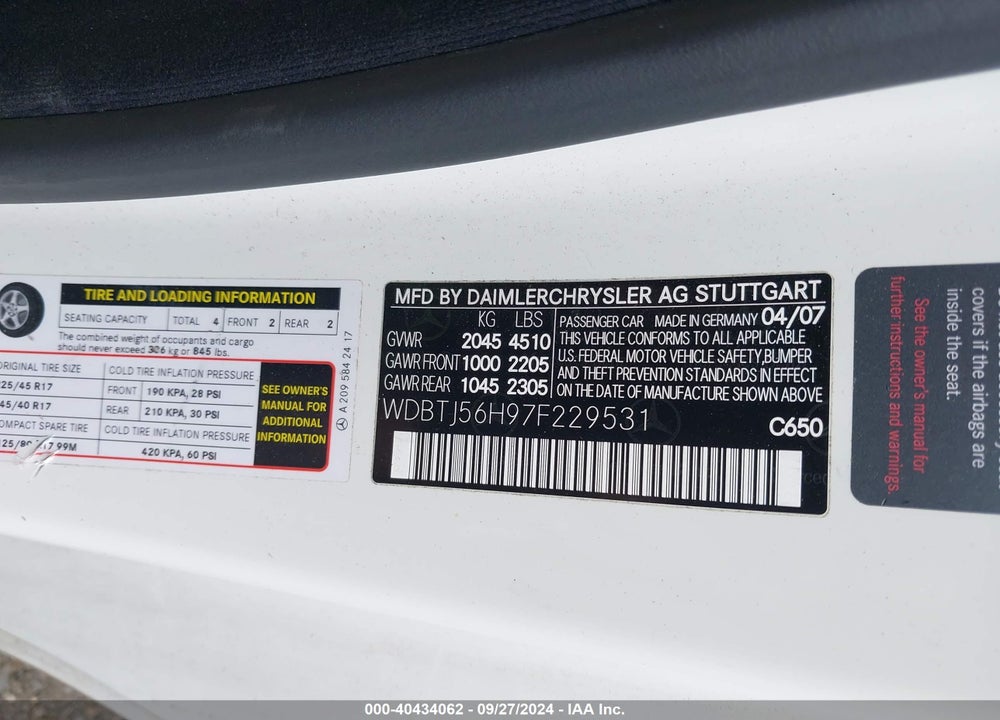2007 MERCEDES-BENZ CLK 350 VIN: WDBTJ56H97F229531