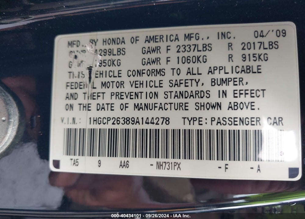2009 HONDA ACCORD VIN: 1HGCP26389A144278