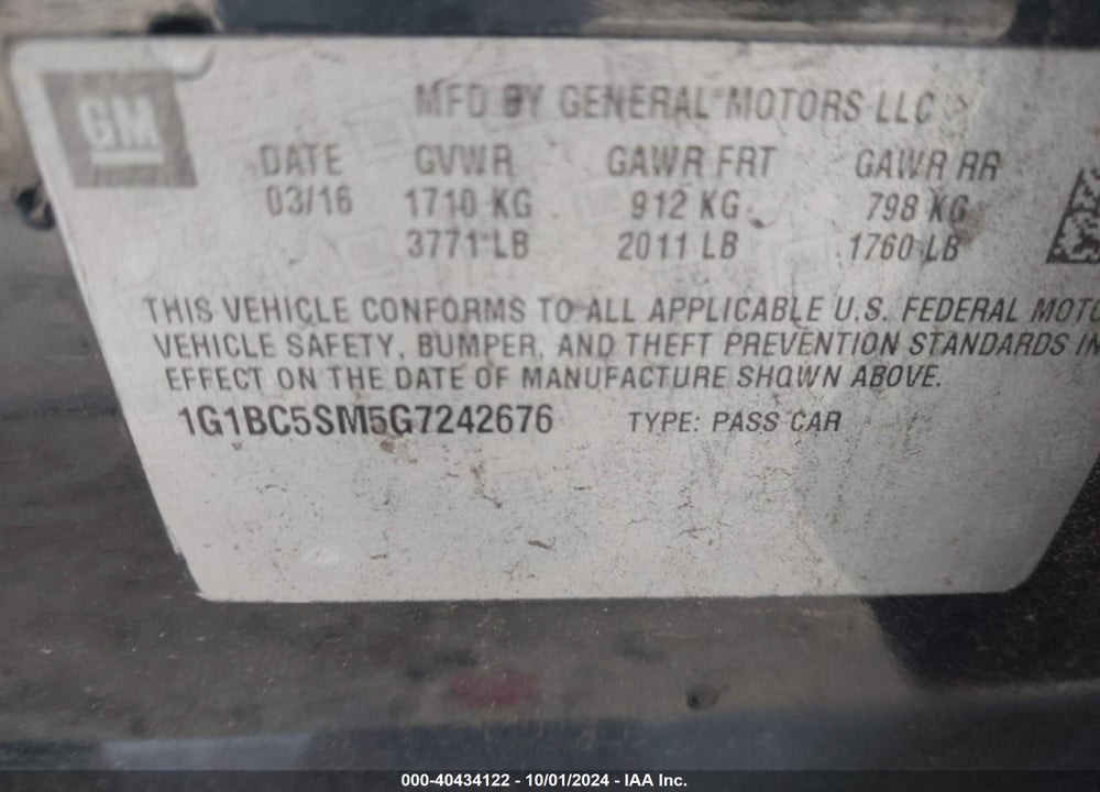 2016 CHEVROLET CRUZE LS AUTO VIN: 1G1BC5SM5G7242676
