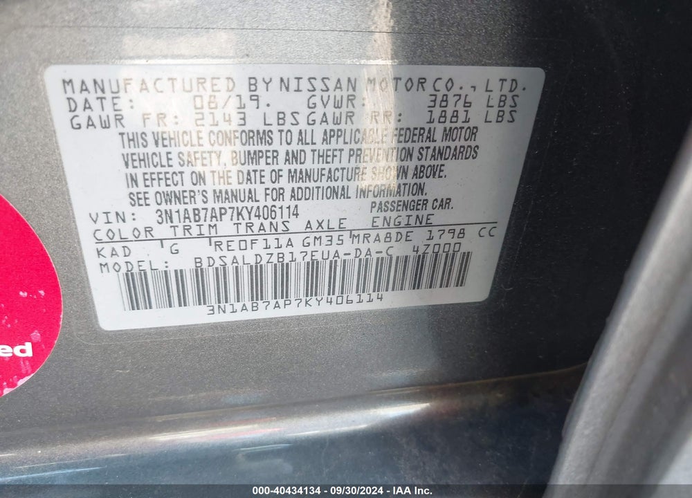 2019 NISSAN SENTRA SV VIN: 3N1AB7AP7KY406114