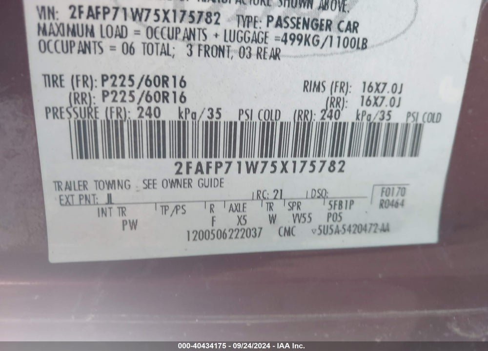 2005 FORD CROWN VICTORIA POLICE VIN: 2FAFP71W75X175782