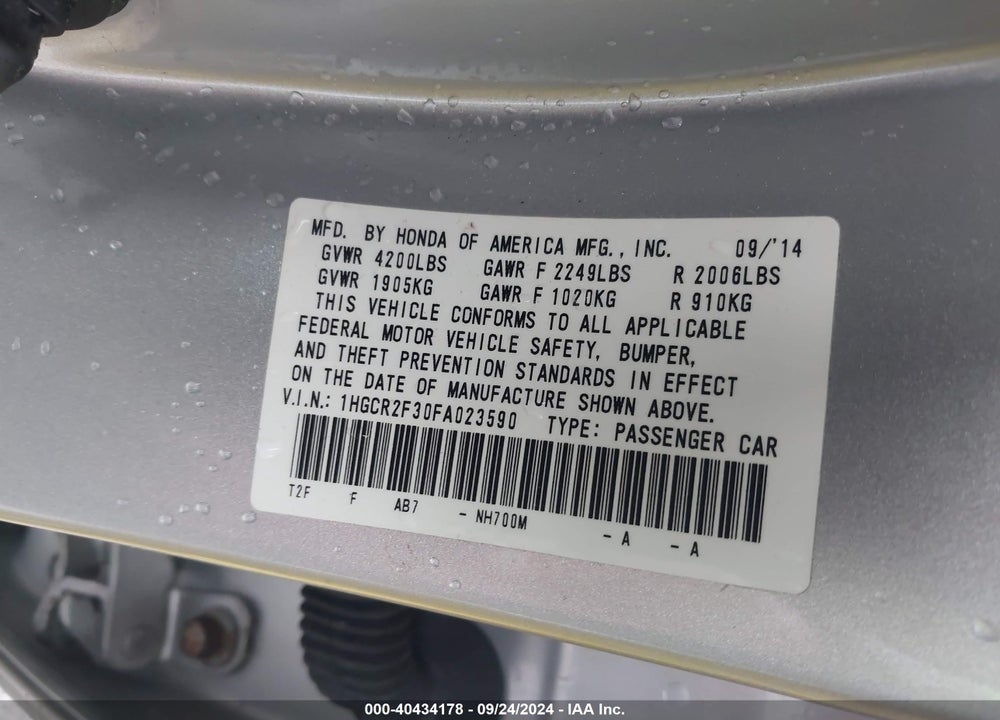 2015 HONDA ACCORD LX VIN: 1HGCR2F30FA023590