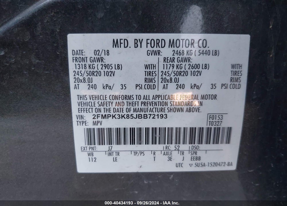 2018 FORD EDGE TITANIUM VIN: 2FMPK3K85JBB72193