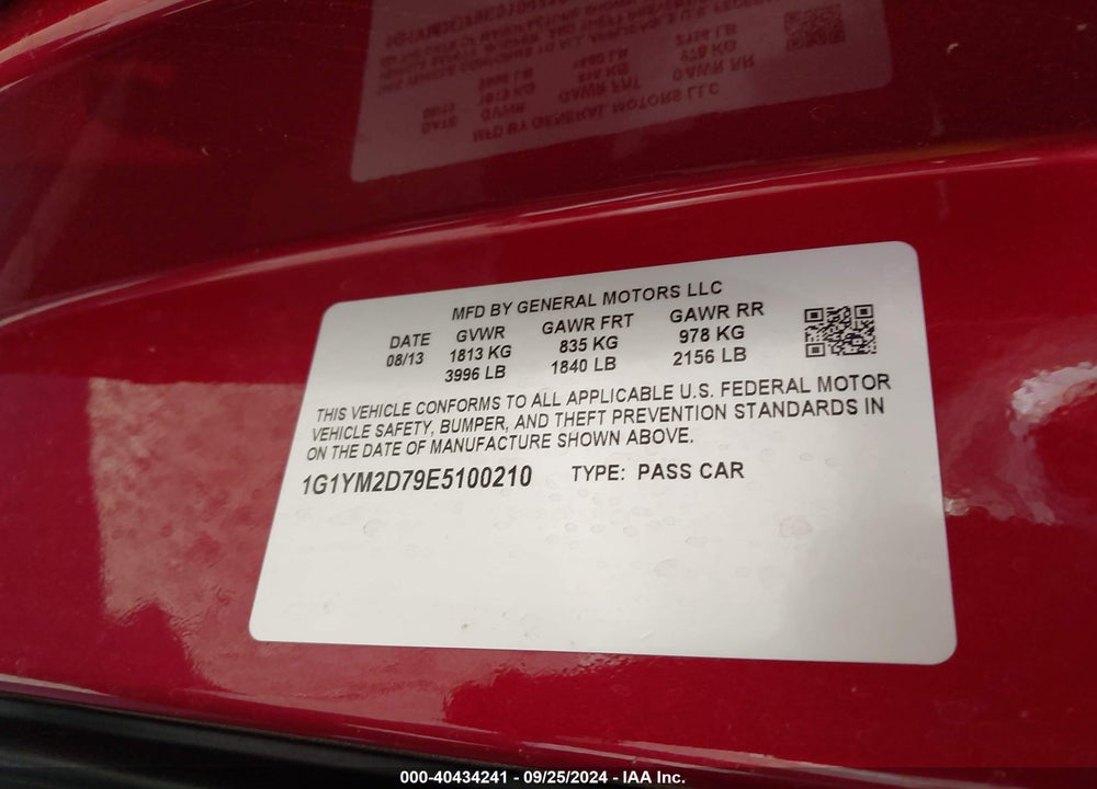 2014 CHEVROLET CORVETTE STINGRAY Z51 VIN: 1G1YM2D79E5100210