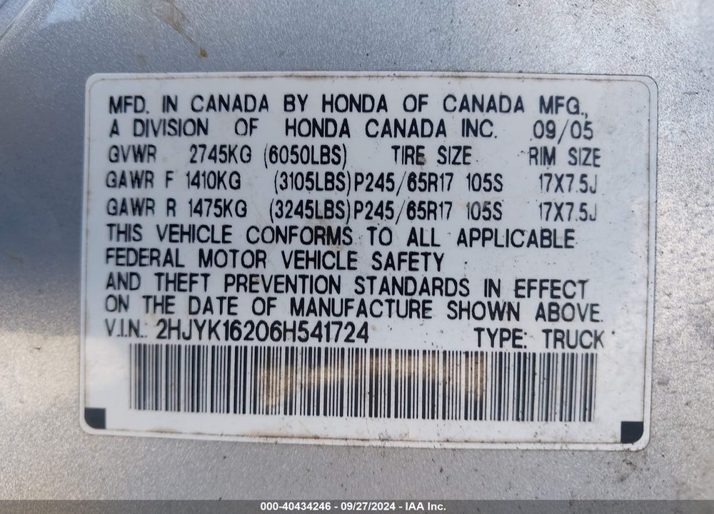 2006 HONDA RIDGELINE VIN: 2HJYK16206H541724