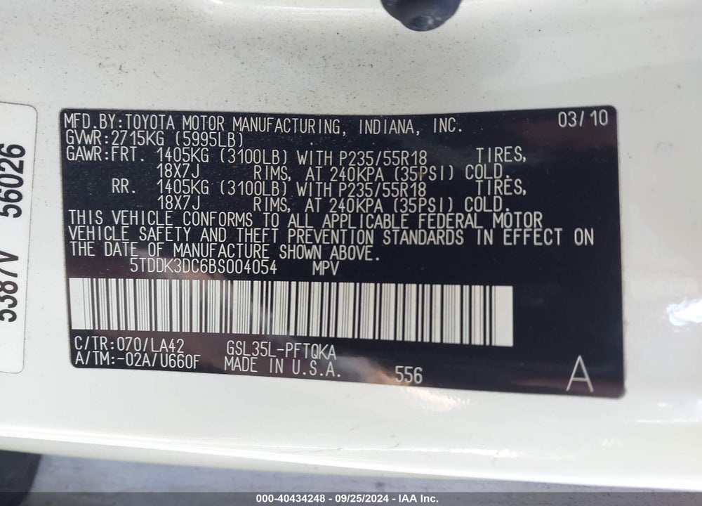 2011 TOYOTA SIENNA LIMITED VIN: 5TDDK3DC6BS004054