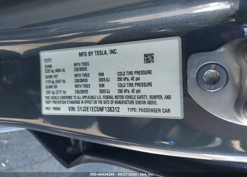 2022 TESLA MODEL 3 PERFORMANCE DUAL MOTOR ALL-WHEEL DRIVE VIN: 5YJ3E1EC5NF138312