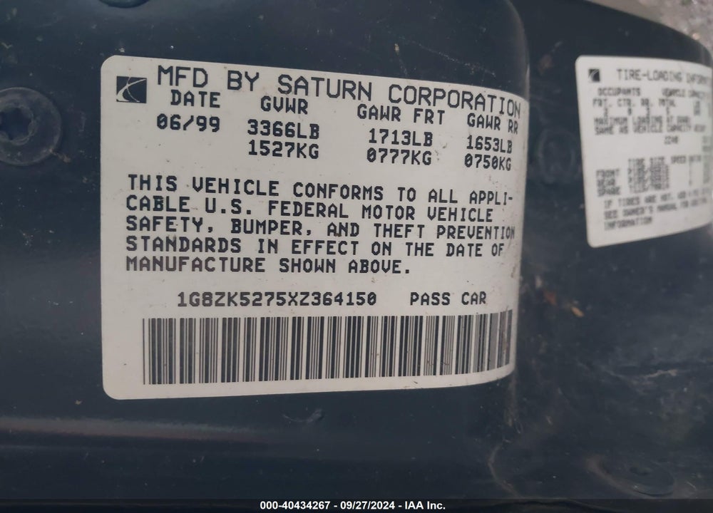 1999 SATURN SL2 VIN: 1G8ZK5275XZ364150