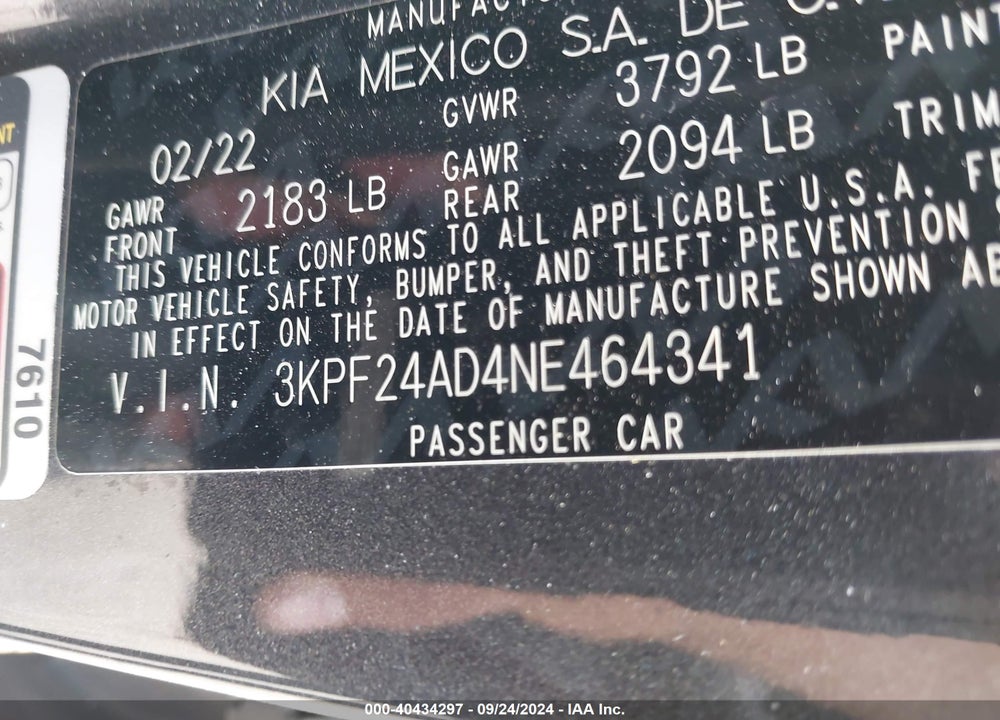2022 KIA FORTE LXS VIN: 3KPF24AD4NE464341