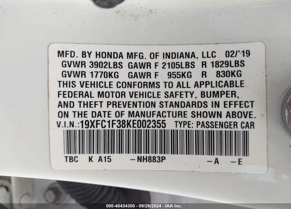 2019 HONDA CIVIC EX VIN: 19XFC1F38KE002355