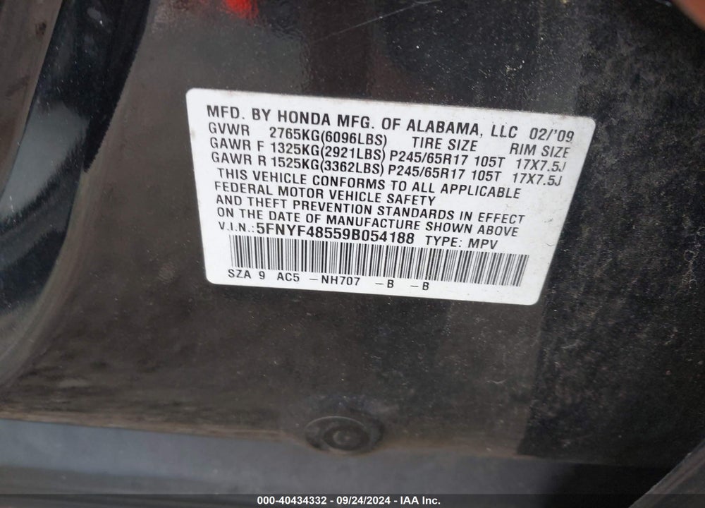 2009 HONDA PILOT EX-L VIN: 5FNYF48559B054188