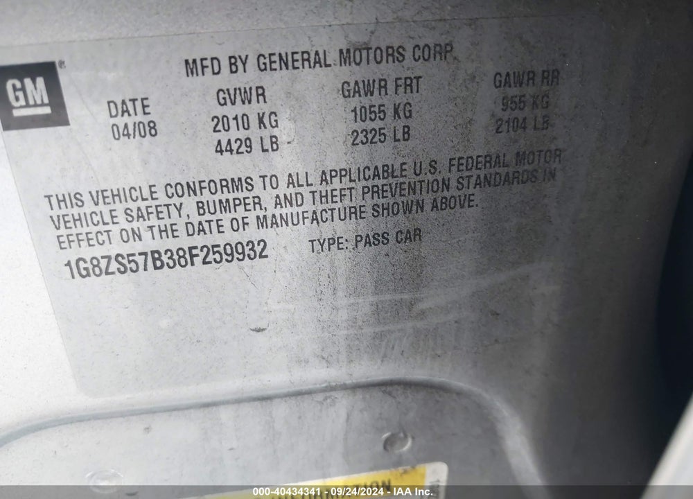 2008 SATURN AURA XE VIN: 1G8ZS57B38F259932