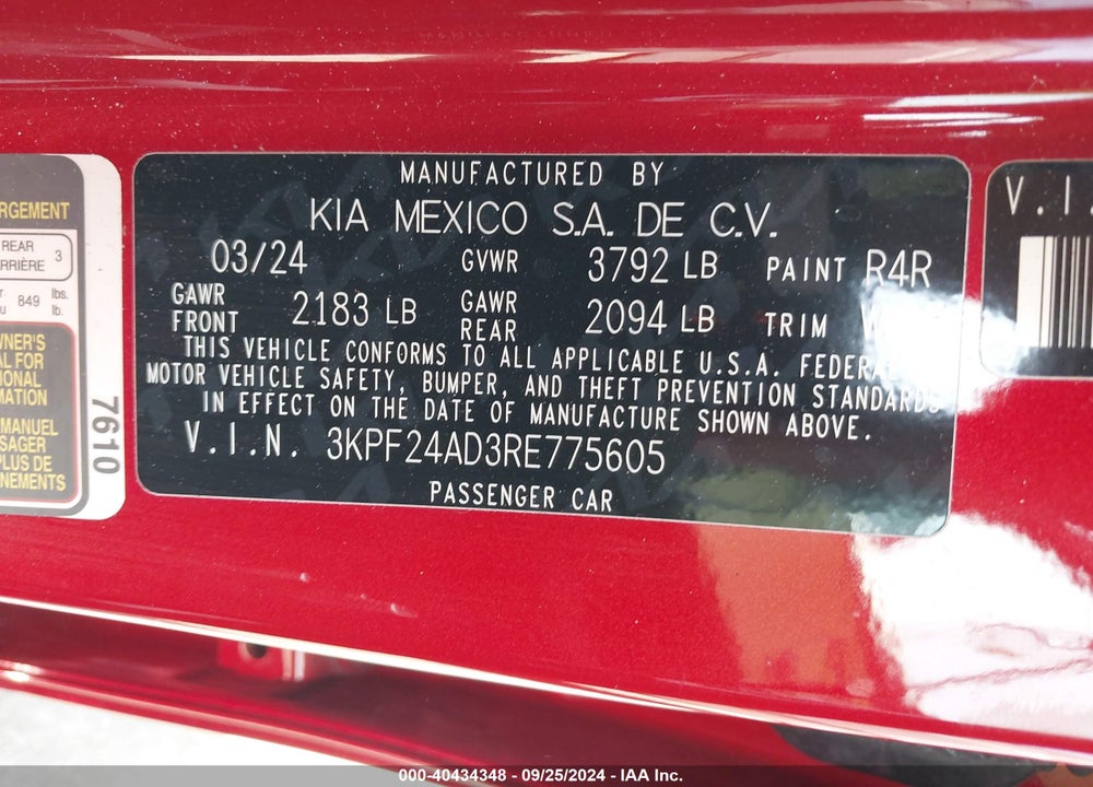 2024 KIA FORTE LXS VIN: 3KPF24AD3RE775605