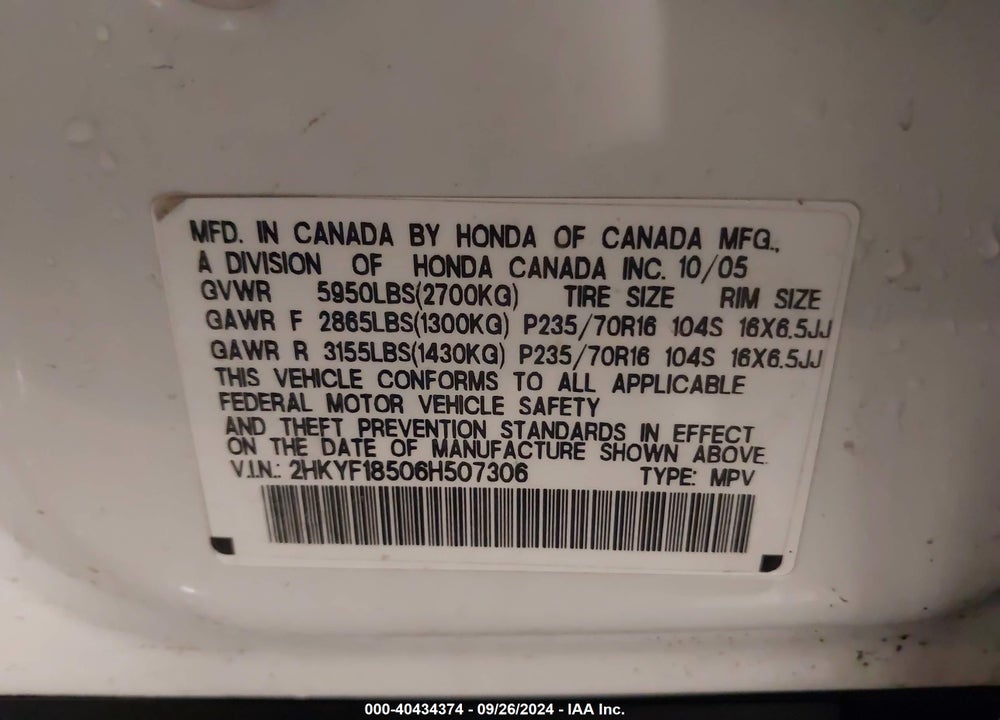 2006 HONDA PILOT EX-L VIN: 2HKYF18506H507306