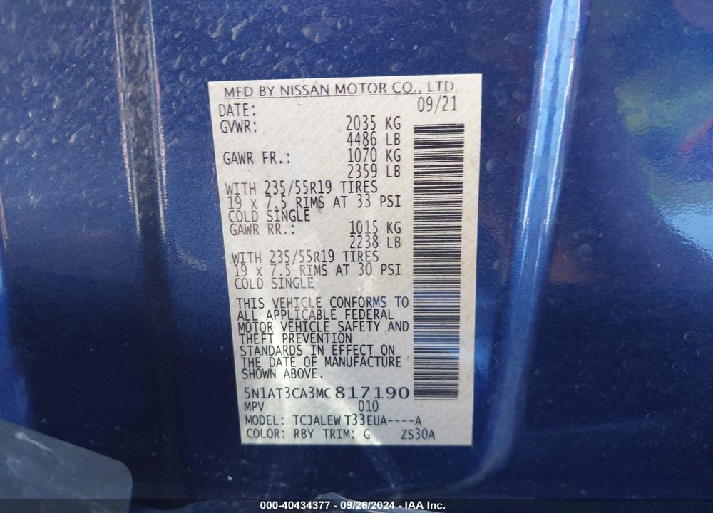 2021 NISSAN ROGUE SL FWD VIN: 5N1AT3CA3MC817190