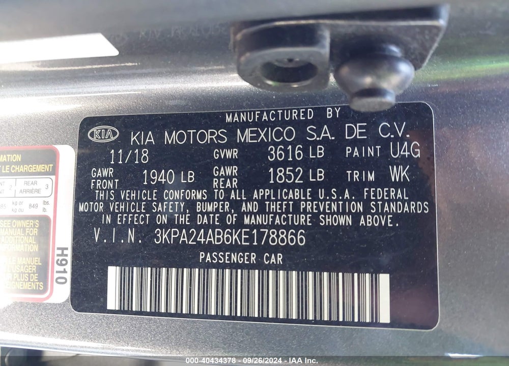 2019 KIA RIO S VIN: 3KPA24AB6KE178866