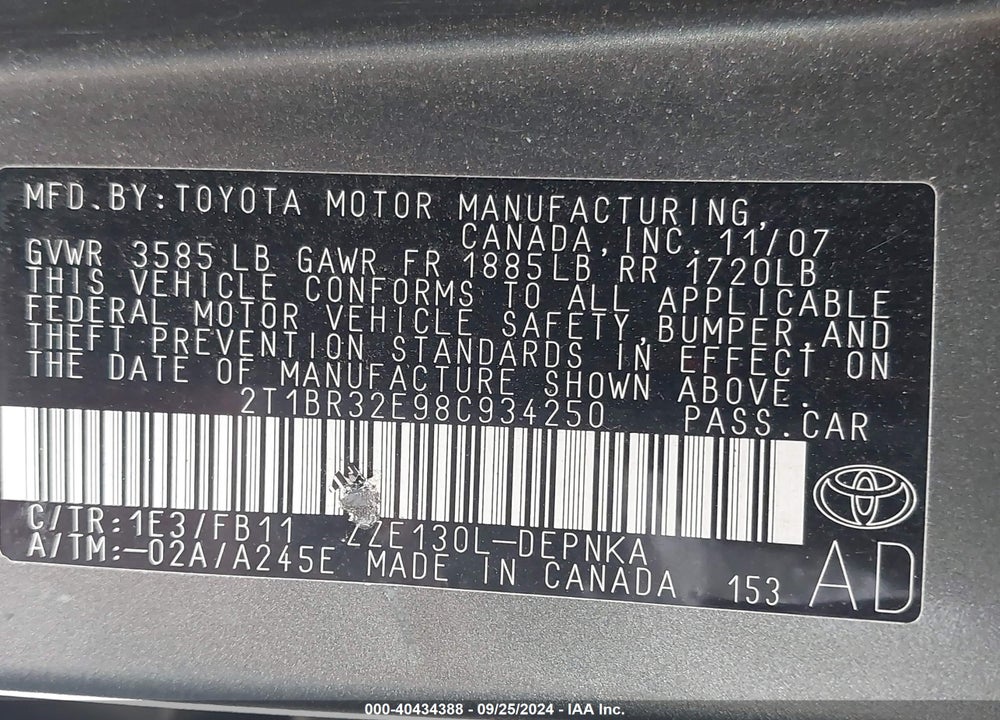 2008 TOYOTA COROLLA LE VIN: 2T1BR32E98C934250