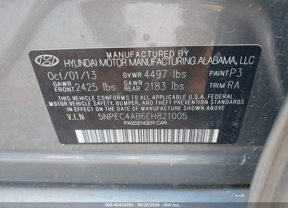 2014 HYUNDAI SONATA LIMITED 2.0T VIN: 5NPEC4AB6EH821005