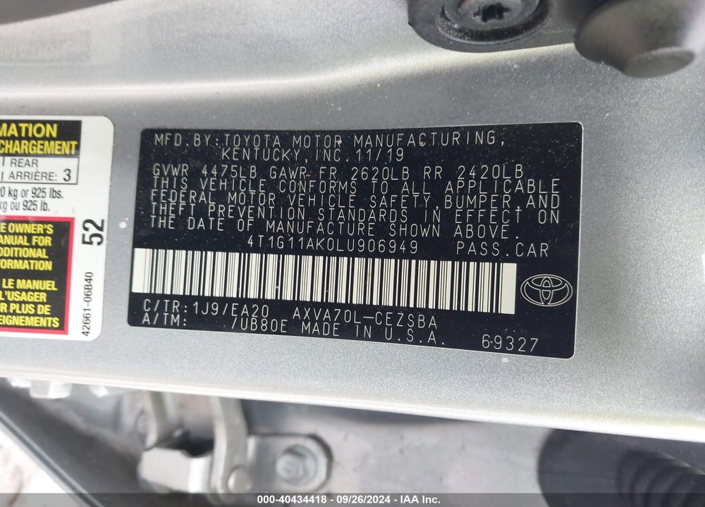 2020 TOYOTA CAMRY SE VIN: 4T1G11AK0LU906949