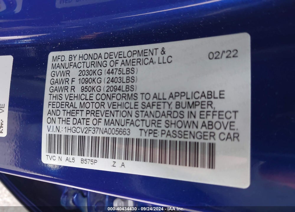 2022 HONDA ACCORD SPORT 2.0T VIN: 1HGCV2F37NA005663