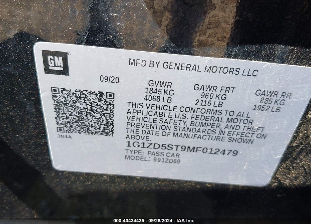 2021 CHEVROLET MALIBU LT VIN: 1G1ZD5ST9MF012479