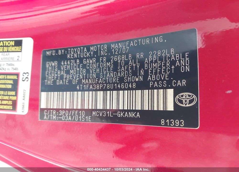 2008 TOYOTA CAMRY SOLARA SE VIN: 4T1FA38P78U146048