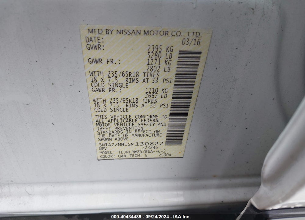 2016 NISSAN MURANO SL VIN: 5N1AZ2MH1GN130822
