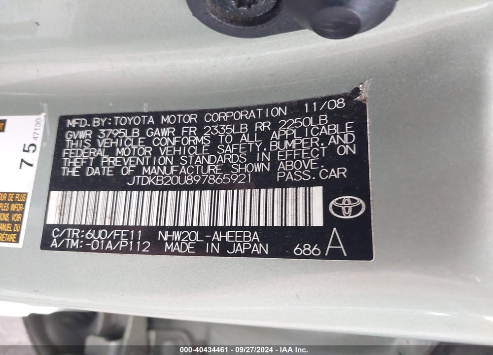 2009 TOYOTA PRIUS VIN: JTDKB20U897865921