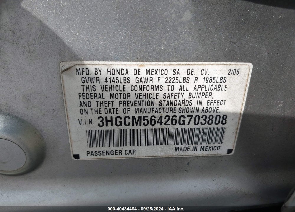 2006 HONDA ACCORD 2.4 LX VIN: 3HGCM56426G703808