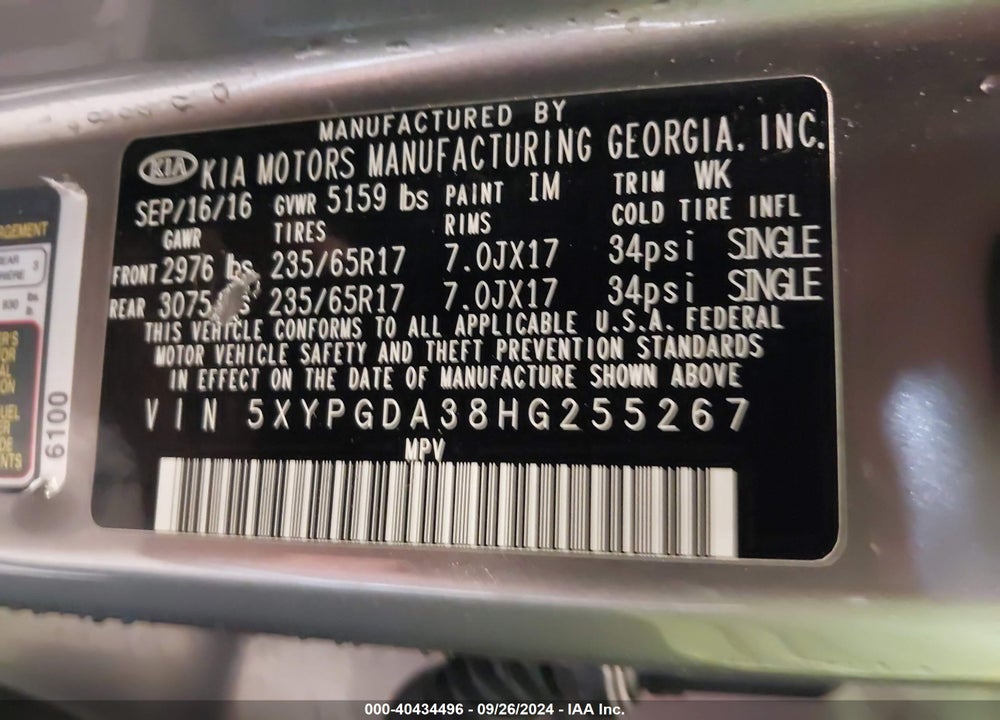 2017 KIA SORENTO 2.4L LX VIN: 5XYPGDA38HG255267