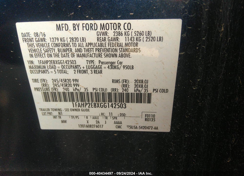2016 FORD TAURUS VIN: 1FAHP2E8XGG142503