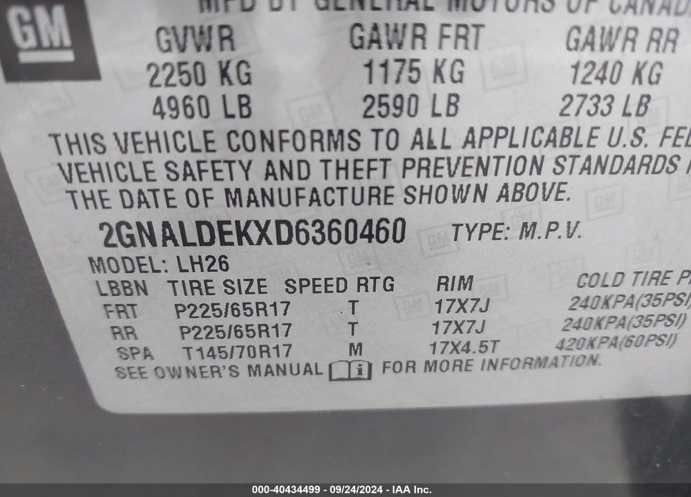 2013 CHEVROLET EQUINOX 1LT VIN: 2GNALDEKXD6360460