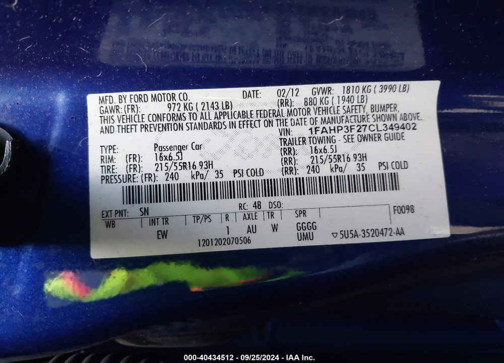 2012 FORD FOCUS SE VIN: 1FAHP3F27CL349402