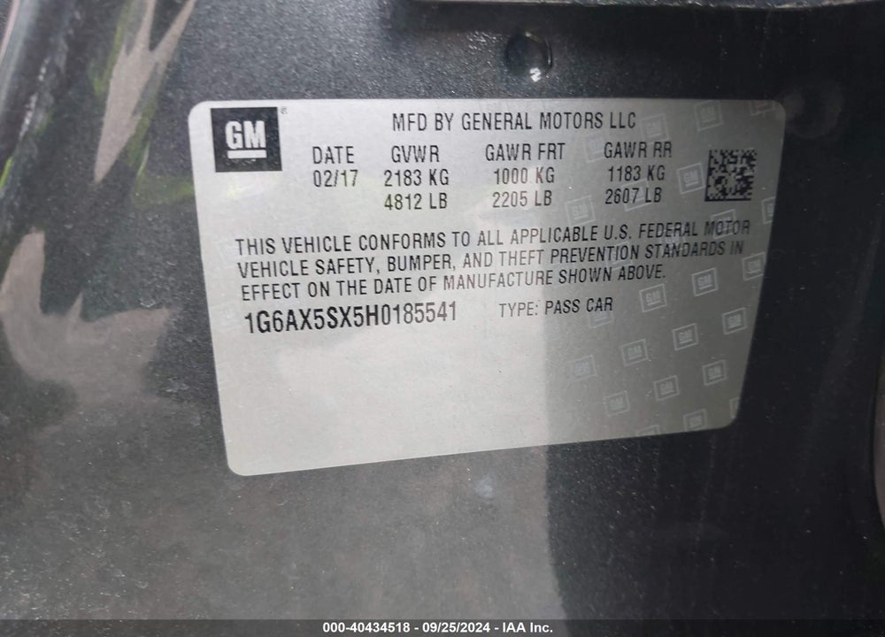 2017 CADILLAC CTS LUXURY VIN: 1G6AX5SX5H0185541
