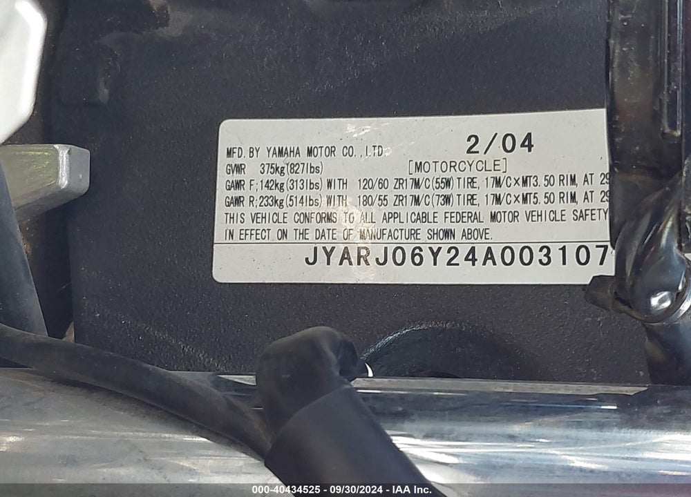 2004 YAMAHA YZFR6 L VIN: JYARJ06Y24A003107
