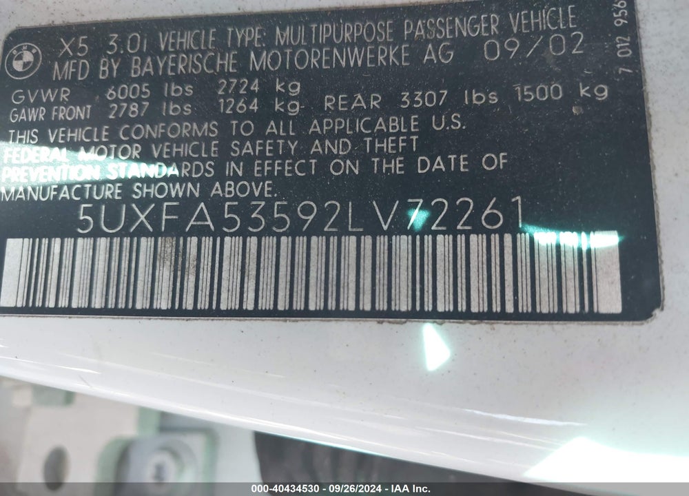 2002 BMW X5 3.0I VIN: 5UXFA53592LV72261