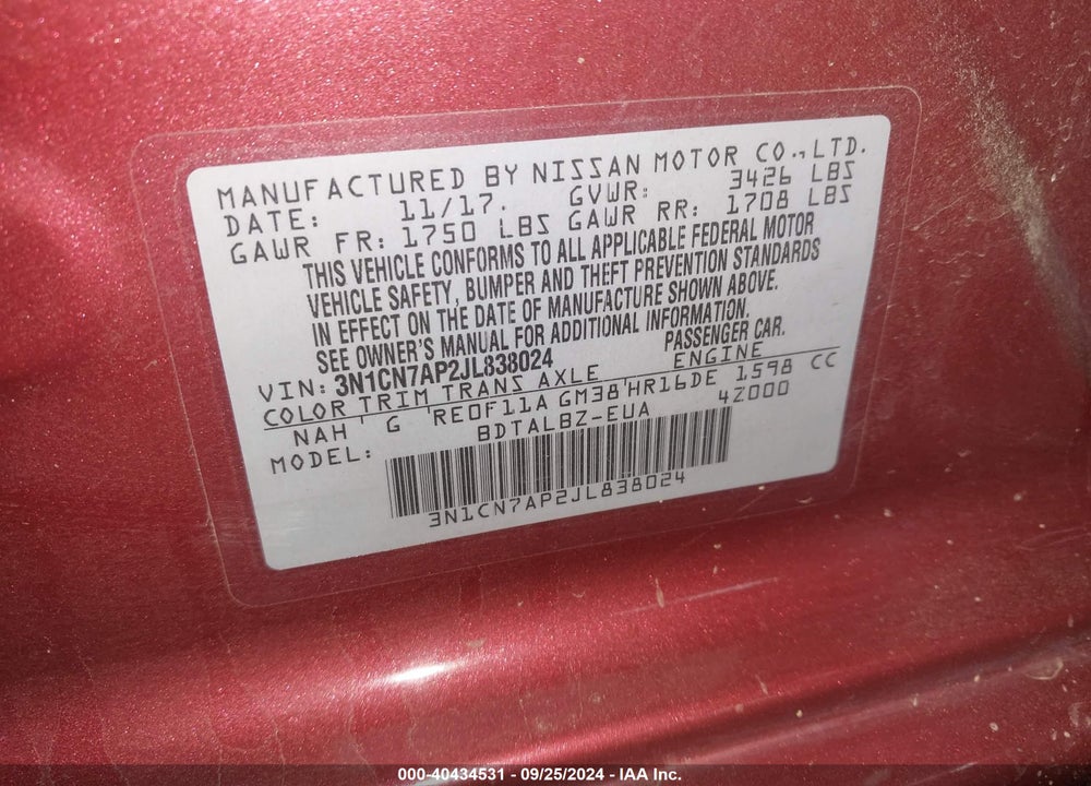 2018 NISSAN VERSA 1.6 SV VIN: 3N1CN7AP2JL838024